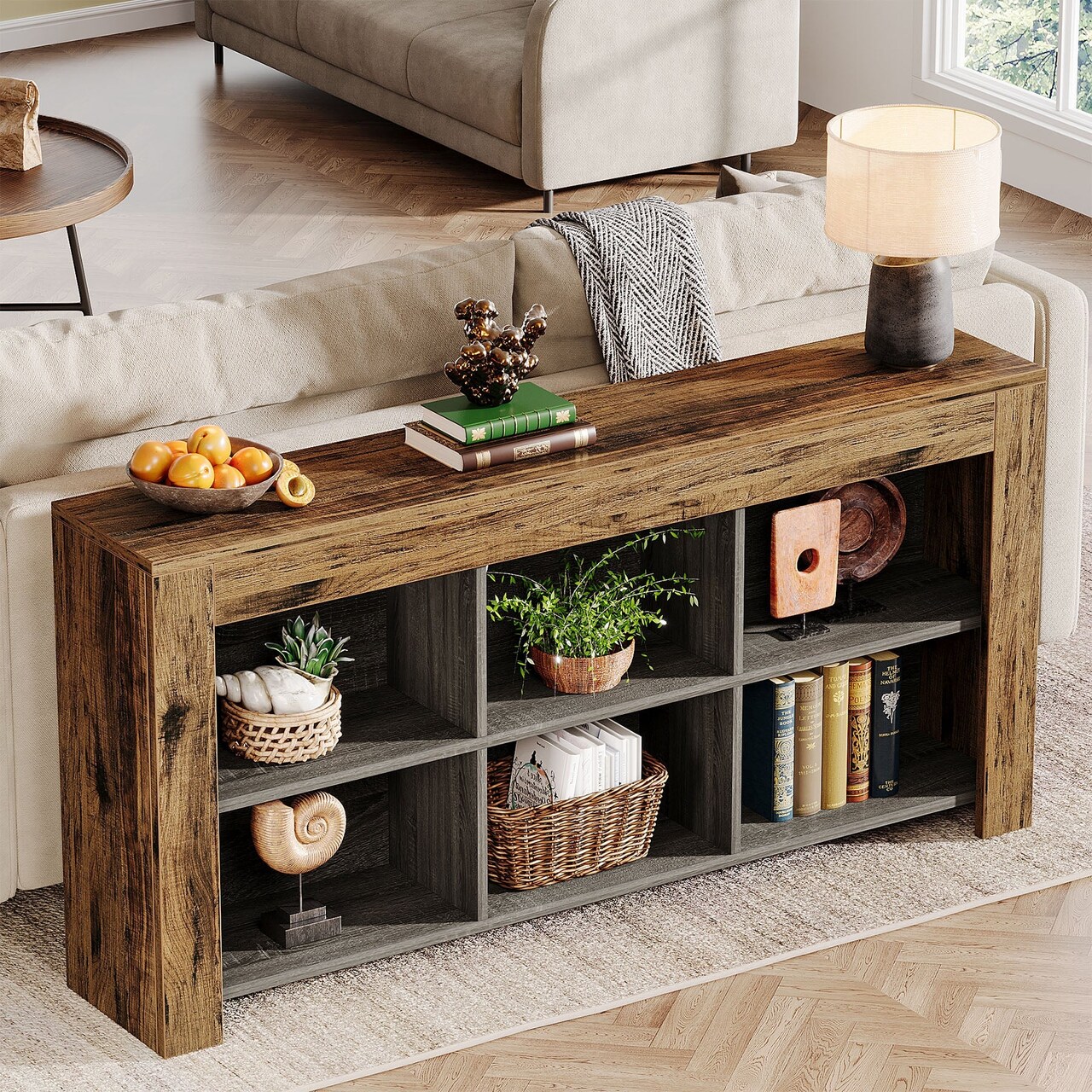 63-Inch Console Table Rustic Entryway Sofa Table with 6 Cubby Shelves Brown